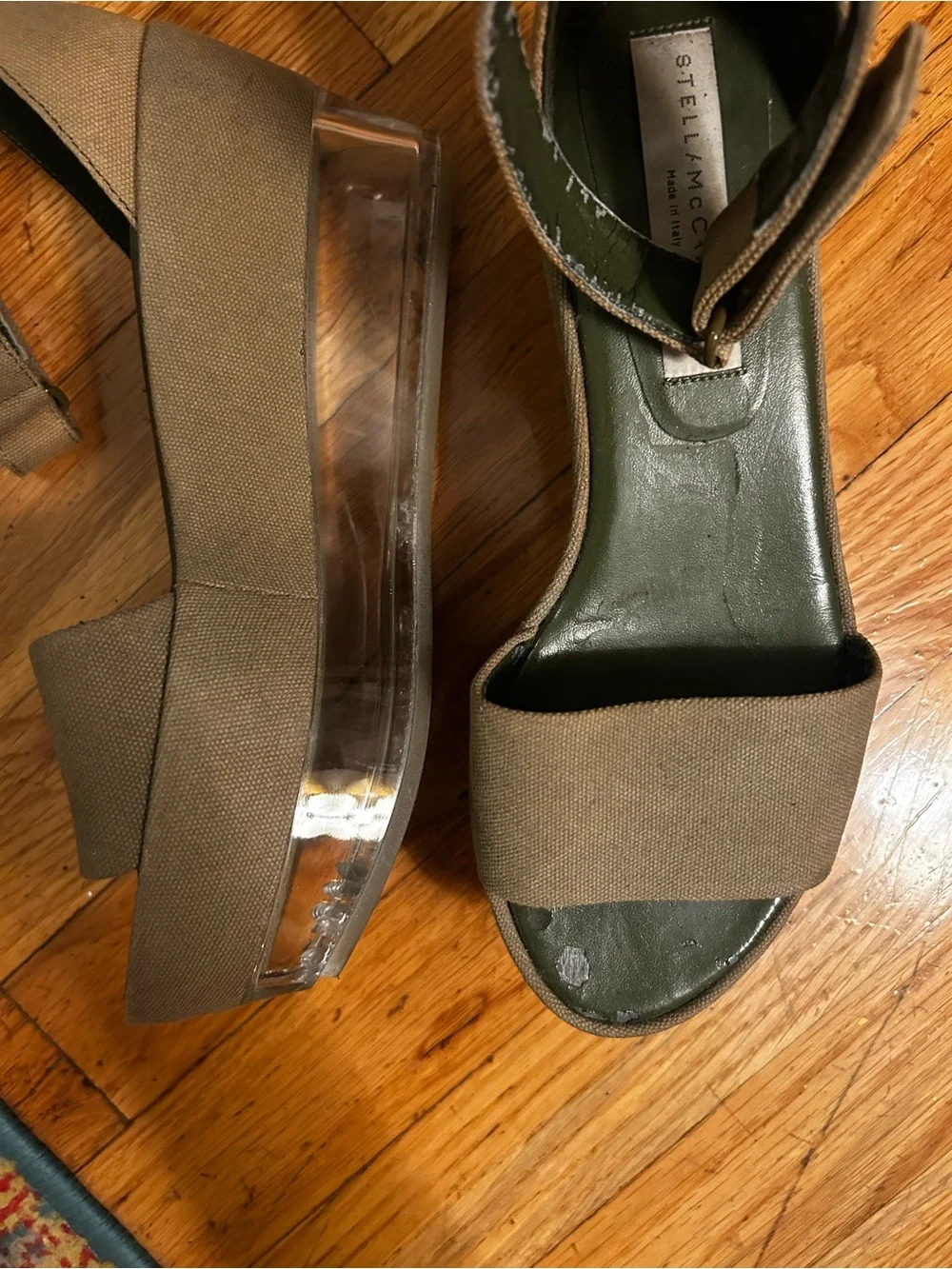 Stella McCartney Olive Canvas Platform Sandals with Clear Wedge